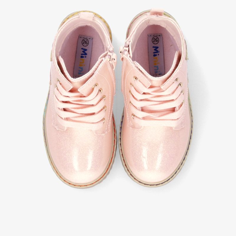 Rosa glänzende Schuhe mit Schnürsenkeln, bequeme Passform und rutschfester Sohle, Paar Draufsicht