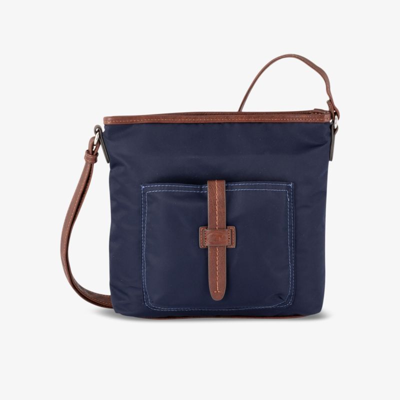 Stilvolle blaue Tasche mit braunen Details, praktische Fronttasche und verstellbarem Schulterriemen