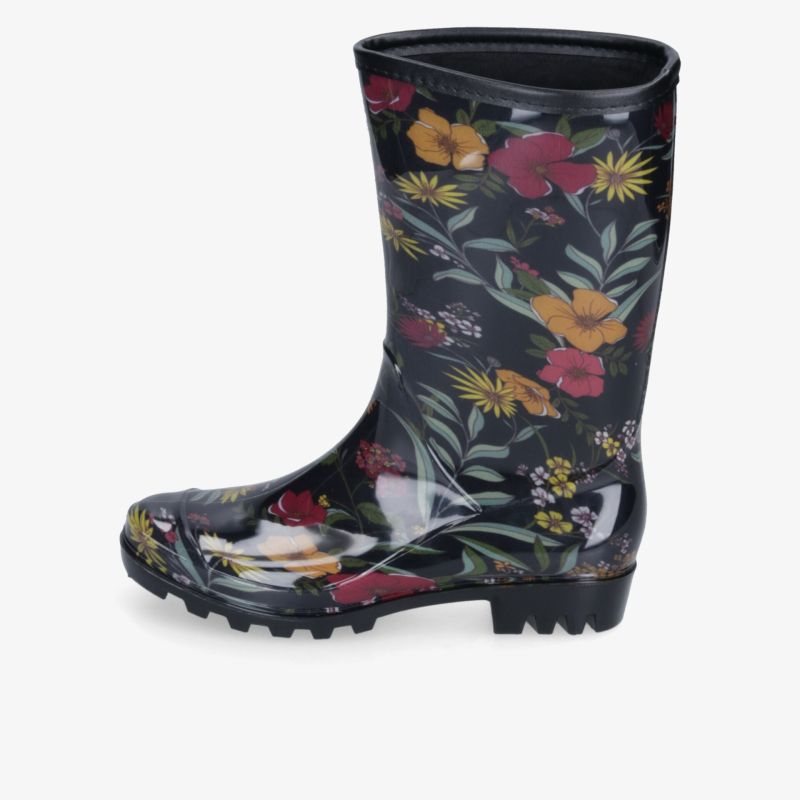 Schwarzer Blumen-Gummistiefel mit farbenfrohem Blütendruck, stabilem Profil und markanter glänzender Optik