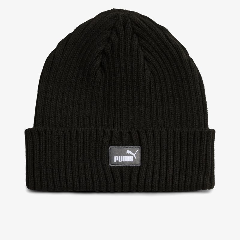 Schwarze Strickmütze mit PUMA-Logo, bequem und warm, ideale Passform für kalte Tage