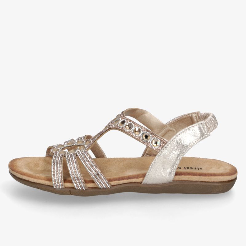 Elegante silberne Sandale mit glitzernden Riemen, flexibler bequemer Sohle und verstellbarem Riemen für perfekten Halt