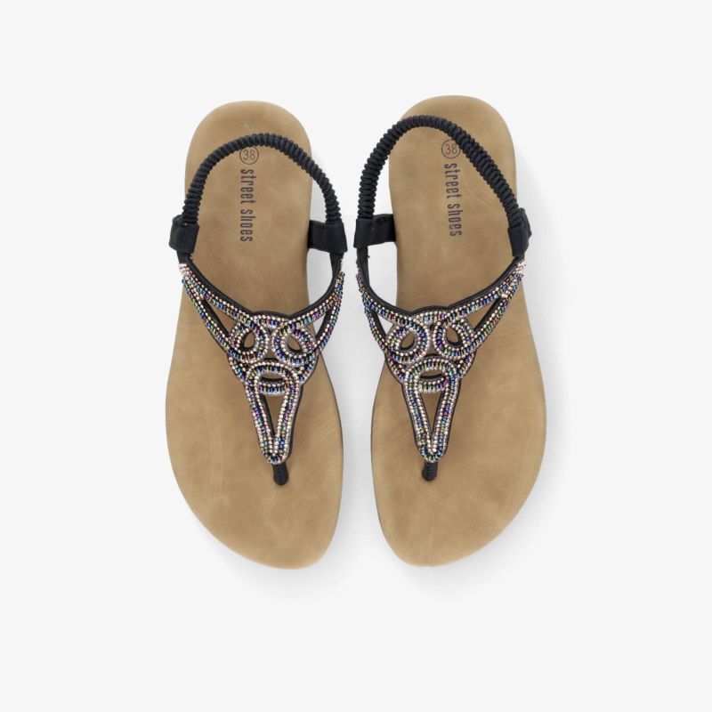 Schwarze Zehensteg-Sandalen mit verstellbarem Riemen und gepolstertem Fußbett in bequemer Form