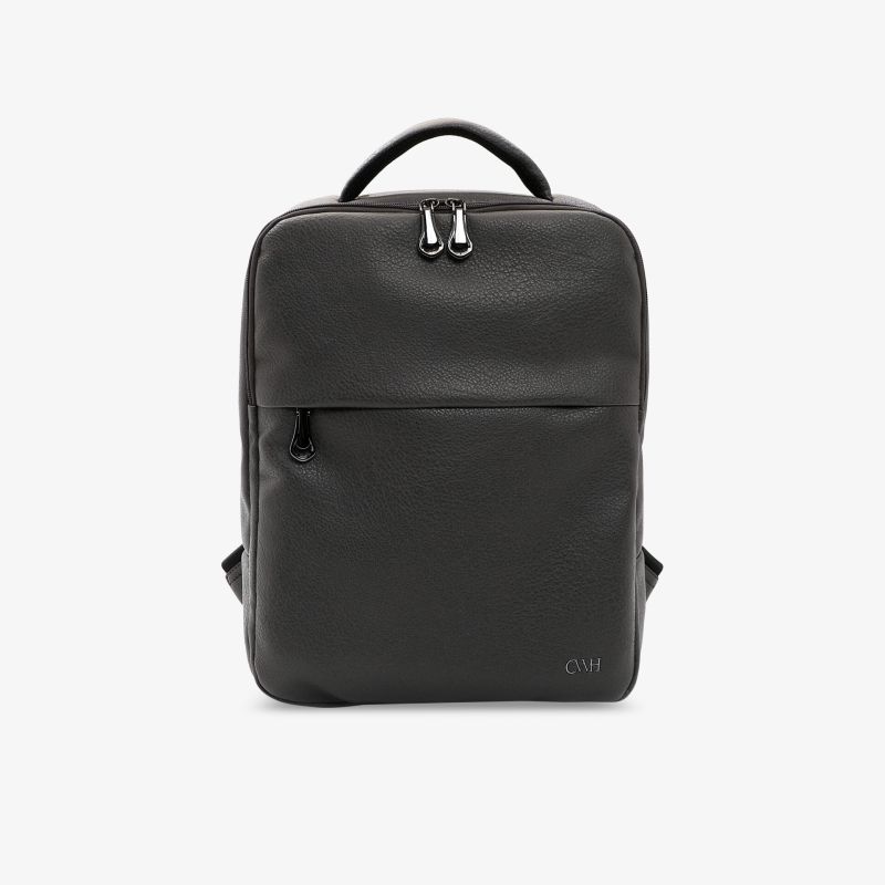 Schwarzer minimalistischer Rucksack aus robustem Leder mit praktischem Griff und Reißverschlussfach in Frontansicht