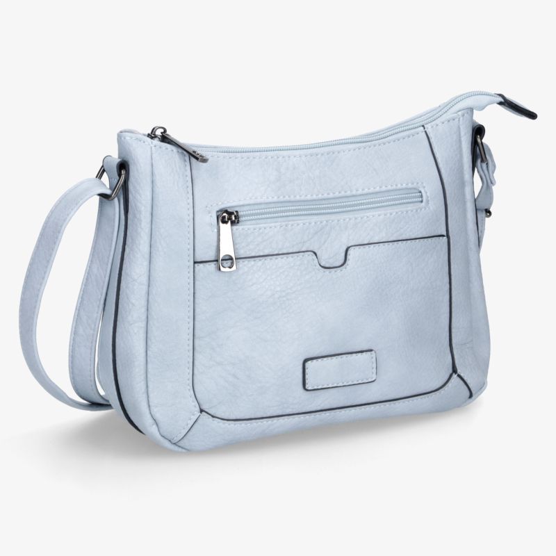 Hellblaue Umhängetasche mit Reißverschlussfach, modernem Design und verstellbarem Schulterriemen, praktische Größe