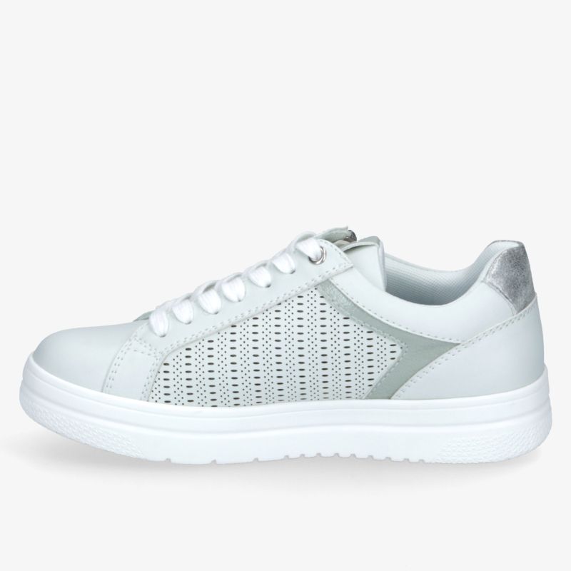 Weißer Sneaker mit atmungsaktivem Mesh-Einsatz und modischem Design. Ideal für sportliche und lässige Anlässe.
