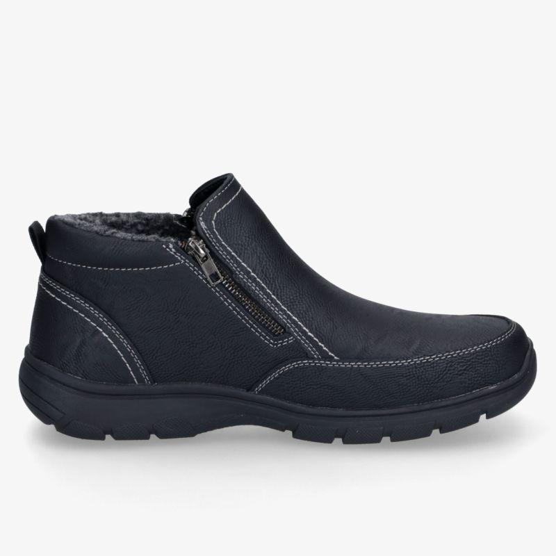 Schwarzer Slip-on Schuh in seitlicher Ansicht mit praktischem Reißverschluss, weicher Polsterung und profilierter Sohle