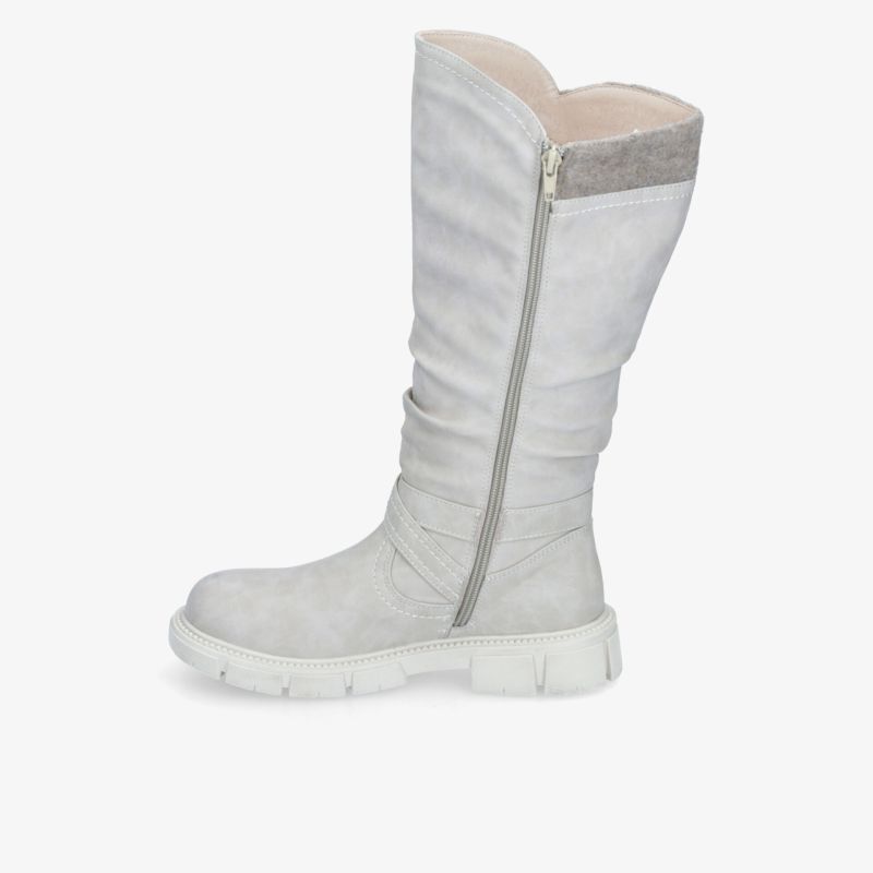 Weißer kniehoher Stiefel mit seitlichem Reißverschluss und robuster Sohle für hohen Tragekomfort