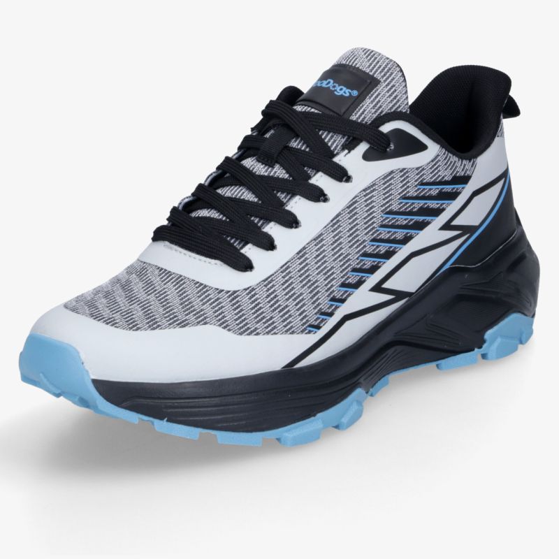 Sportlicher Laufschuh mit atmungsaktivem Mesh, stabiler Dämpfung, griffiger Sohle und dynamischem Design in Blau und Grau.