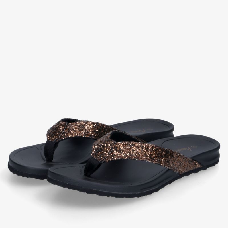 Komfortable schwarze Flipflops mit bronze Glitzer und gepolsterter Innensohle für sicheren Halt und stilvollen Auftritt