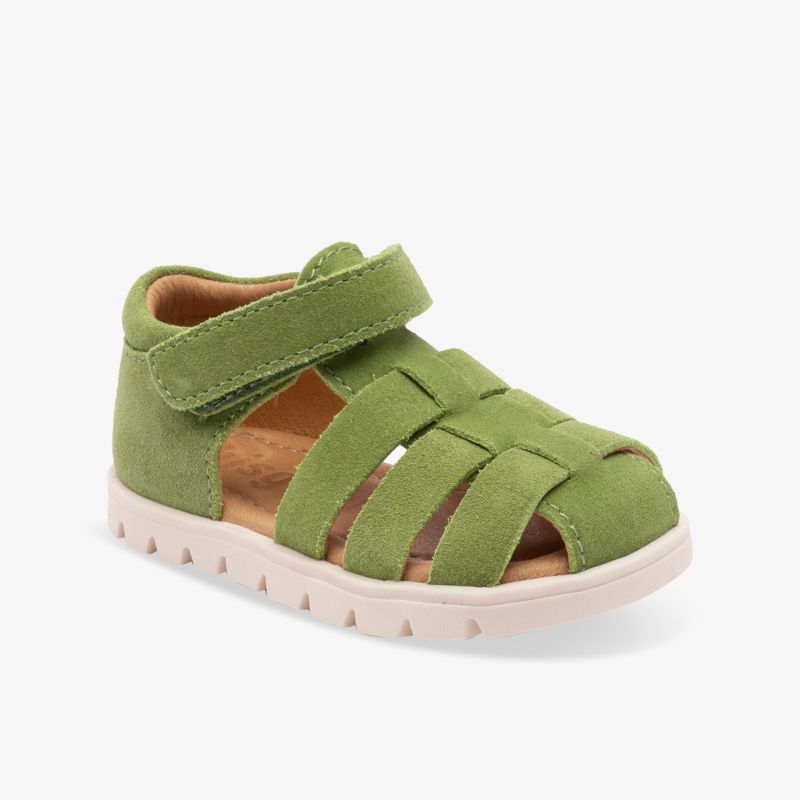 Grüne Kindersandale mit geschlossener Zehenkappe und Klettverschluss, flexible und rutschfeste Sohle, bequemer Sitz