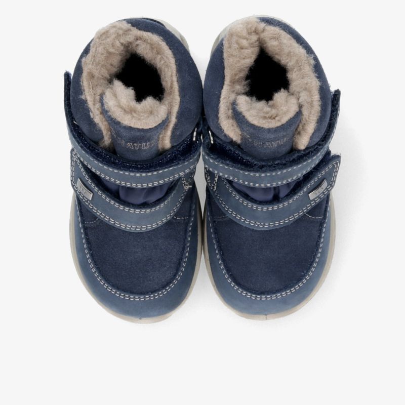 Gefüttertes Paar Lauflernschuhe in Dunkelblau mit weichem Innenfutter, praktischen Klettverschlüssen und runder Form