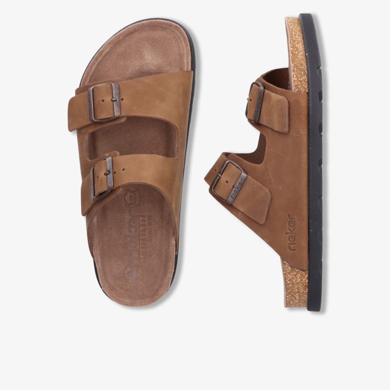 Bequeme braune Ledersandale mit zwei verstellbaren Riemen und komfortabler Korksohle, ideale Sommerschuhwahl