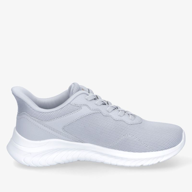 Moderner leichter grauer Sportschuh mit atmungsaktivem Material und flexibler, rutschfester Sohle seitlich abgebildet