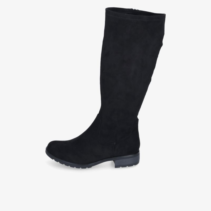 Schwarzer hoher Stiefel in eleganter Seitenansicht mit stabilem Blockabsatz, markanter Profilsohle und schlichtem Design.