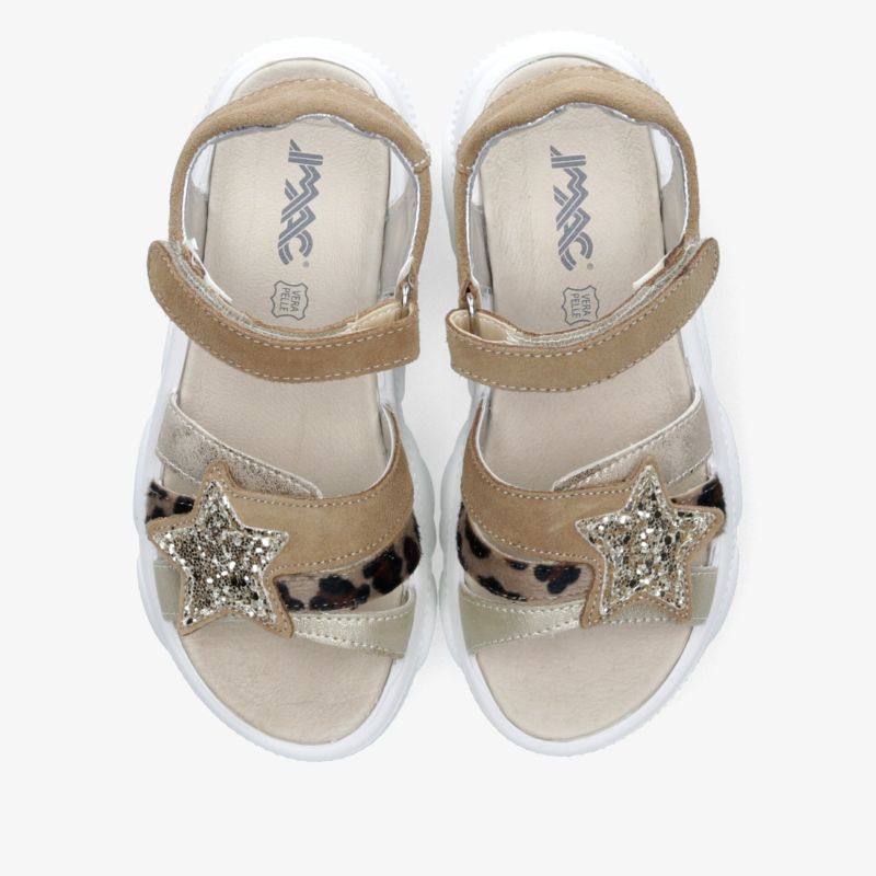 Bequeme beige Sandaletten mit verstellbarem Klettverschluss und glitzerndem Stern, weiche gepolsterte Innensohle