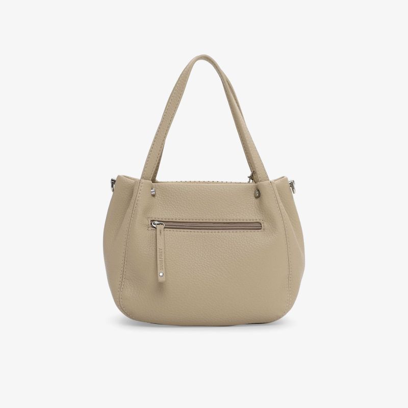 Beige Handtasche mit Reißverschluss, geräumigem Innenfach und langen Henkeln in klarer Frontansicht