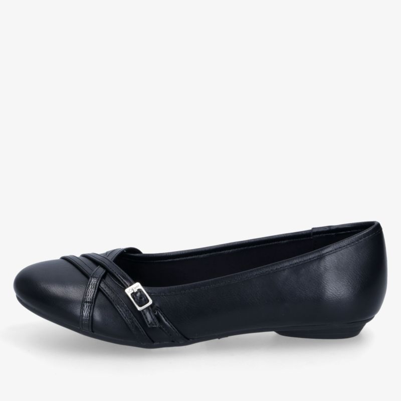 Schwarzer eleganter Lederschuh mit Schnalle, flachem Absatz und bequemer Passform, seitliche Ansicht