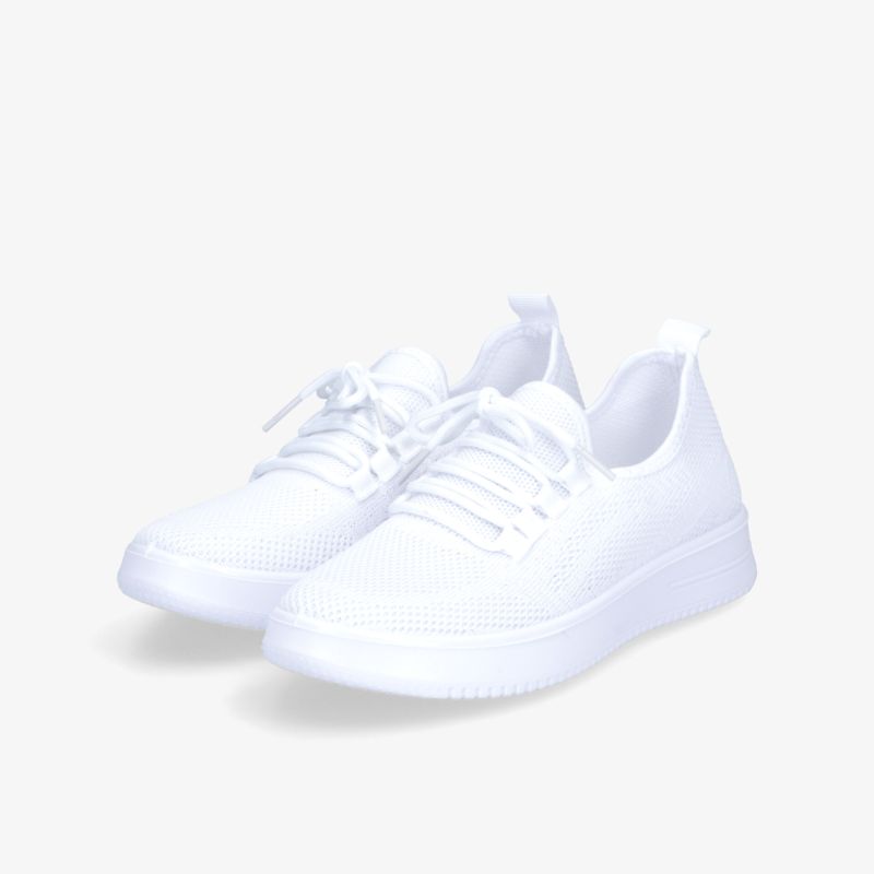 Weißes Sneaker-Paar in schräger Vorderansicht mit atmungsaktivem, leichtem und bequemem Design