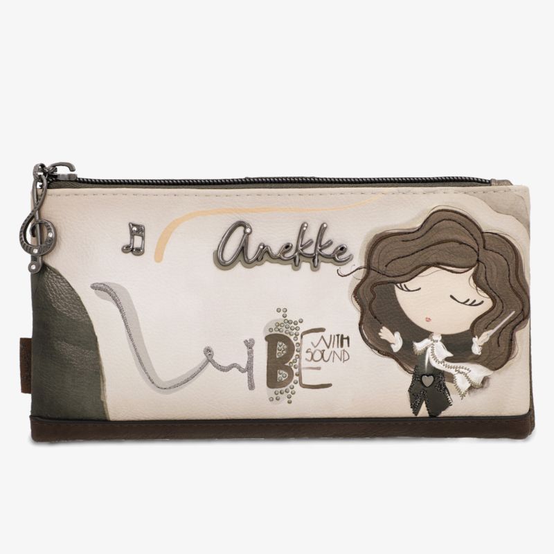 Beige Reißverschlusstasche mit verspielter Figurenillustration, dekorativem Print und praktischem länglichem Format