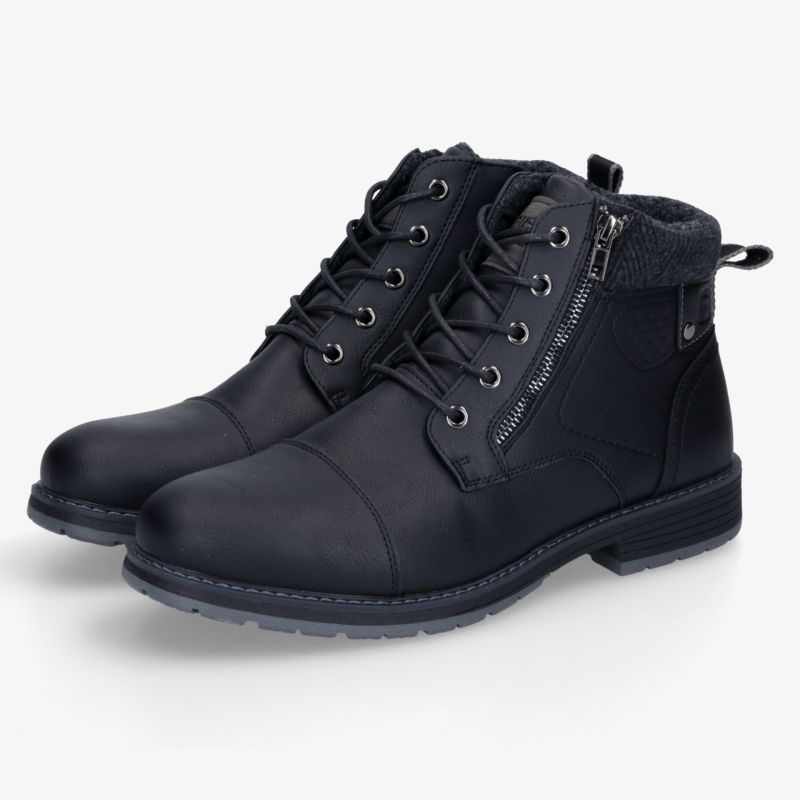 Schwarze Lederstiefel mit Schnür- und Reißverschluss, robust und modisch, bequem für viele Gelegenheiten