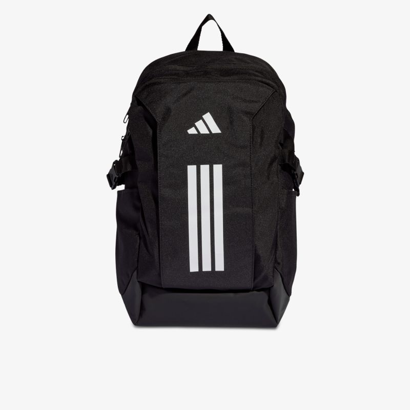 Robuster schwarzer Rucksack mit drei weißen Streifen, verstellbaren Trägern und großem Hauptfach