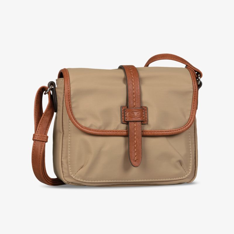 Beige Umhängetasche mit braunen Details und verstellbarem Riemen, praktische und elegante Alltagstasche