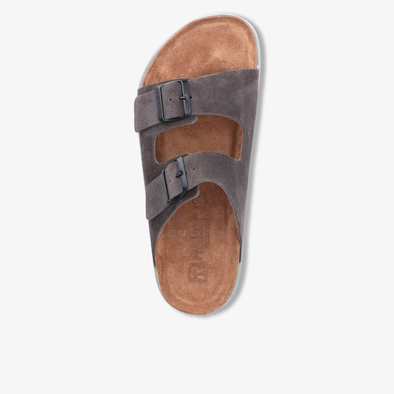 Bequeme braune Sandale mit verstellbaren Schnallen und weichem Fußbett in Draufsicht