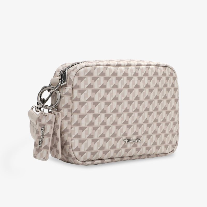 Kompakte beige Tasche mit geometrischem Muster und Reißverschluss, elegant und praktisch