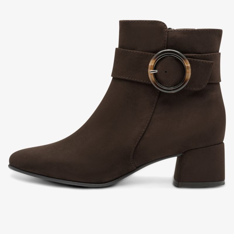 Eleganter brauner knöchelhoher Stiefel mit Blockabsatz und dekorativer Schnalle, bequem und modisch
