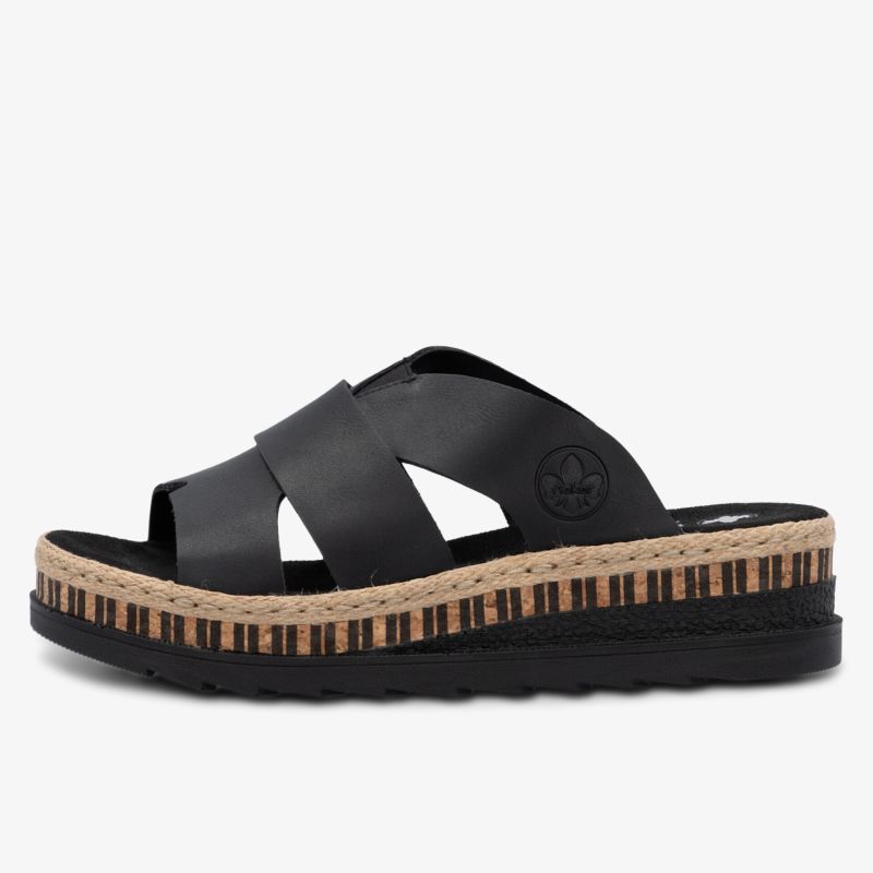 Schwarze Sandale mit dicker Kork-Sohle und bequemem Fußbett, ideal für komfortables Tragen