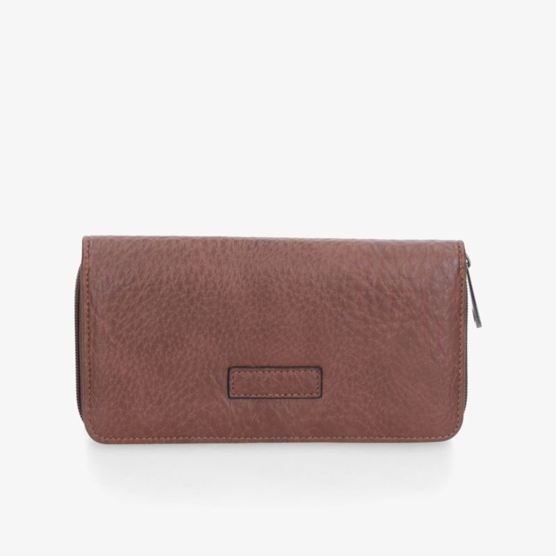 Brown wallet with large flap and zipper, elegant design and high-quality material, perfect for everyday use