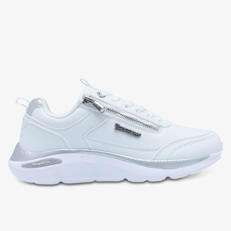 Moderner weißer Sneaker mit seitlicher Ansicht und auffälligem Reißverschluss