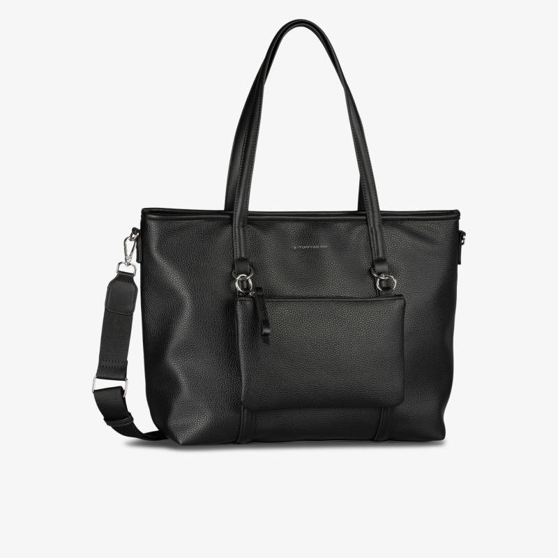 Elegante schwarze große Handtasche mit praktischem Außenfach, langem Tragegriff und verstellbarem Schulterriemen