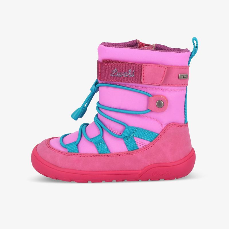 Robuster bunter Winterstiefel in Rosa und Türkis mit rutschfester Sohle und komfortabler Passform seitlich dargestellt