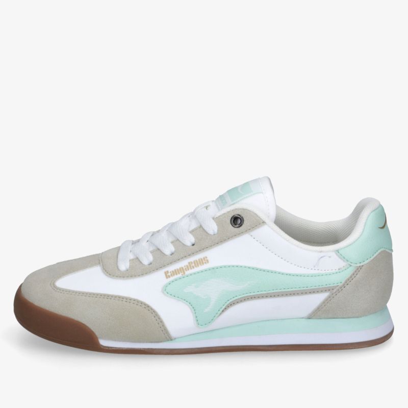 seitliche Ansicht eines sportlichen Sneaker mit rutschfester Sohle und bequemem Sitz in Weiß und Türkis