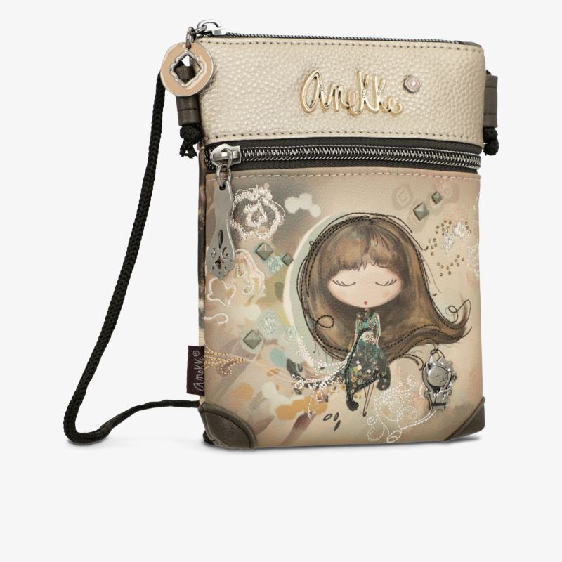 Kleine Umhängetasche mit bezauberndem Mädchen und Blumenmotiv, extra Frontreißverschluss und Schlüsselanhänger