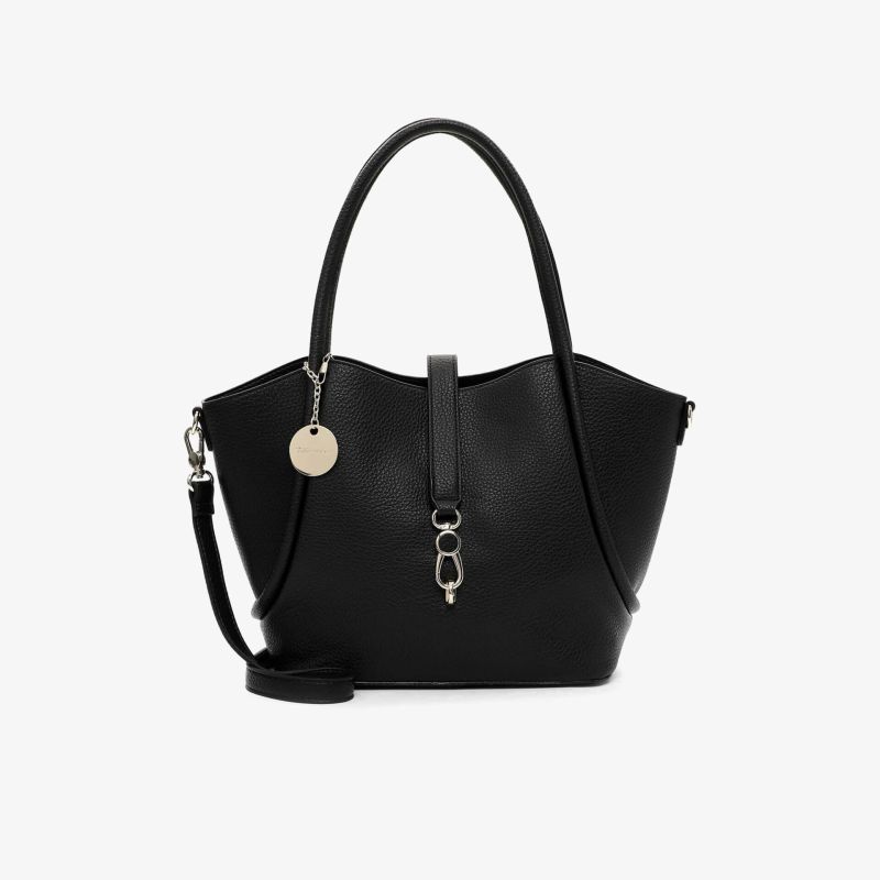 Elegante schwarze Handtasche mit strukturierter Oberfläche, Metallakzenten und komfortablen Trägern für vielseitigen Einsatz