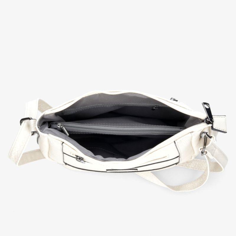 Offene weiße Tasche mit geräumigem Innenfach und Reißverschluss, gut strukturiert und leicht zugänglich