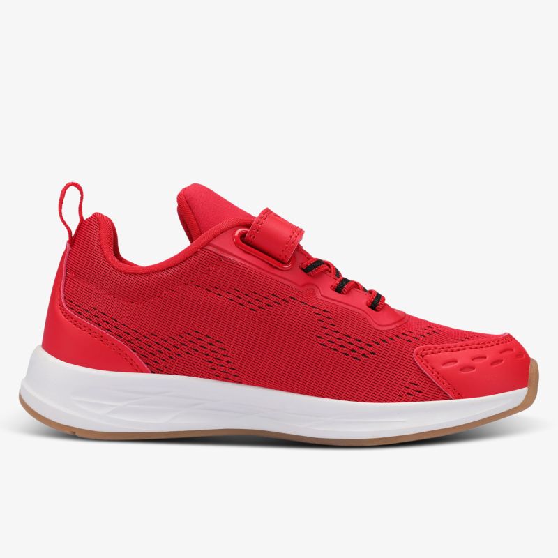 Sportlicher roter Schuh mit seitlicher Ansicht, atmungsaktiv und rutschfeste Sohle für optimalen Komfort