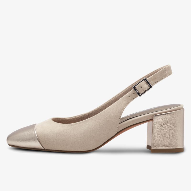 Eleganter Slingback Schuh mit bequemem Blockabsatz und spitzer Kappe in dezenter Farbe seitliche Ansicht