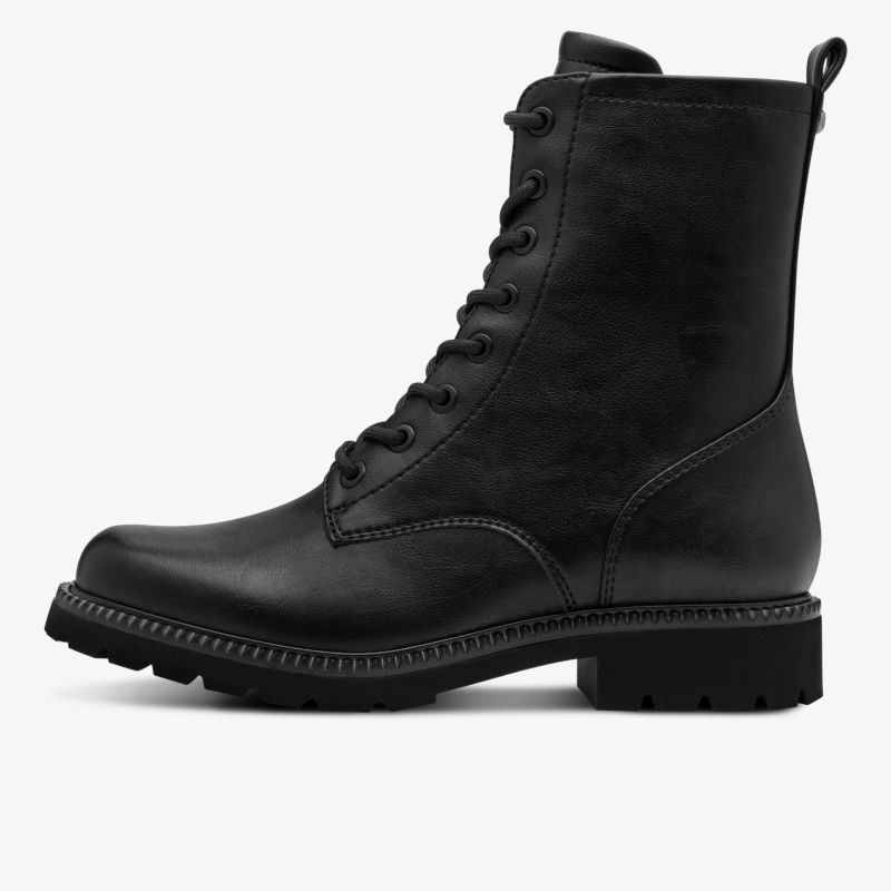 Schwarzer robuster Schnürstiefel aus Lederoptik mit komfortabler Sohle und trendigem Design