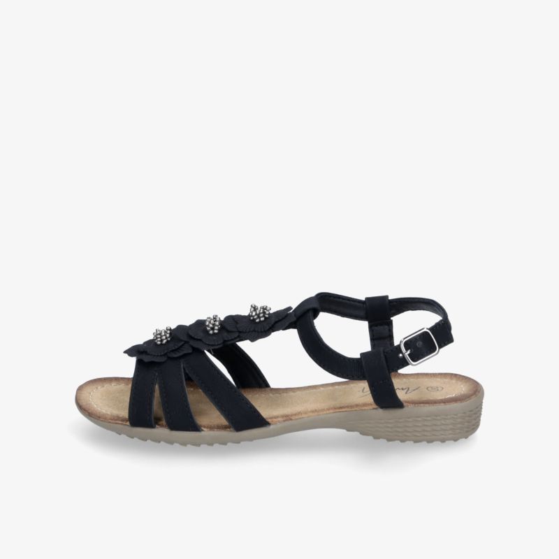 Elegante schwarze Sandale mit verstellbarem Riemen und flacher, bequemer Sohle für den Alltag