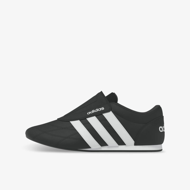 Schwarzer Adidas Schuh mit weißen Streifen, seitliche Ansicht, leichtes und komfortables Design für aktiven Einsatz