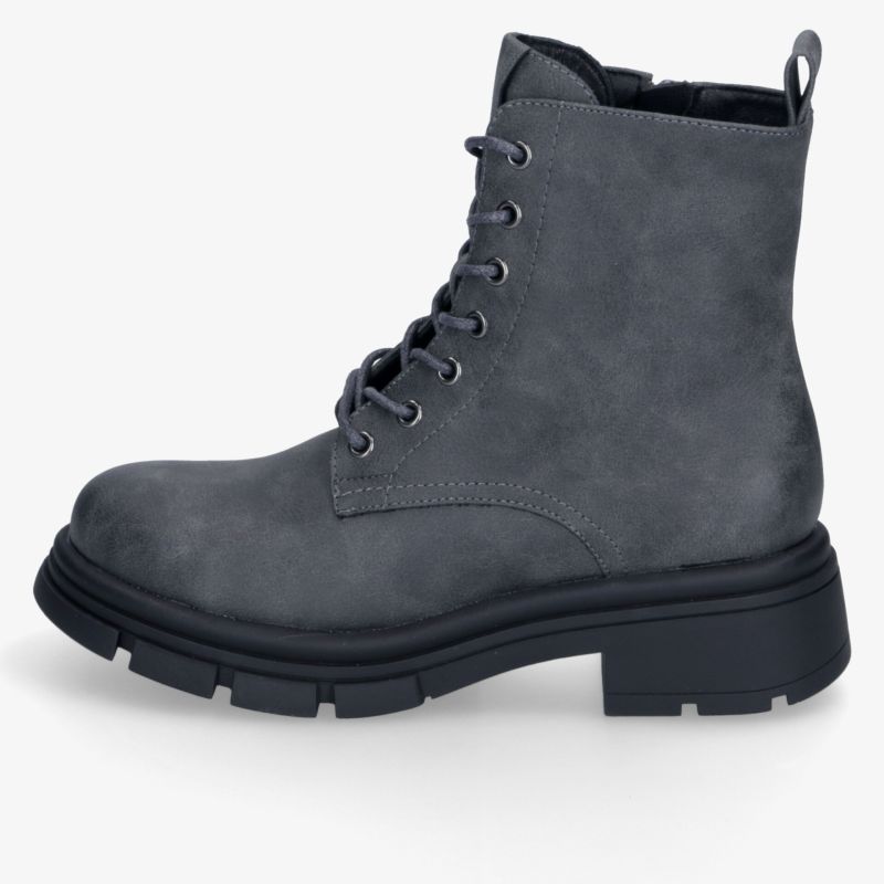 Graue Schnürstiefel mit robuster Sohle, ideal für Komfort und Stil im Alltag.