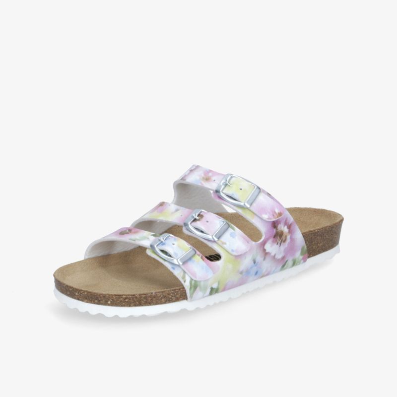 Bequeme Sandale mit verstellbaren Riemen und weichem Fußbett, florales Muster, ideal für warme Tage