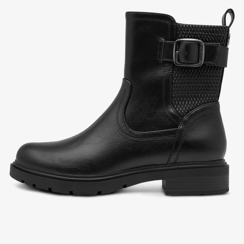 Robuster schwarzer Stiefel aus Leder mit Schnalle und flexiblem Profil, bequem und modern