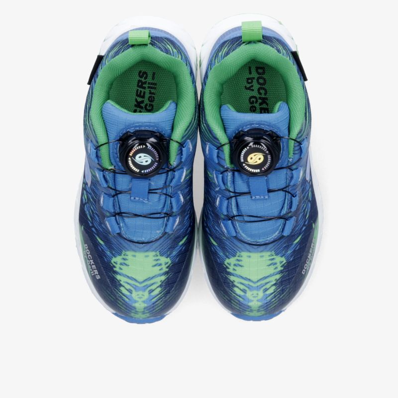 Sportliche Schuhe in Blau und Grün mit gepolsterter Innenseite und robuster, flexibler Sohle in Draufsicht