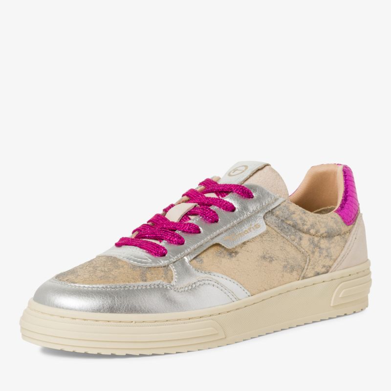 Sportlicher bequemer Ledersneaker mit robuster Sohle und gepolstertem Schaft in Silber mit pinken Schnürsenkeln