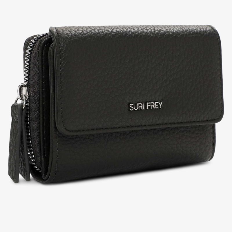 Kompakte schwarze Leder-Geldbörse mit Reißverschluss und Suri Frey Logo, schlicht und elegant gestaltet