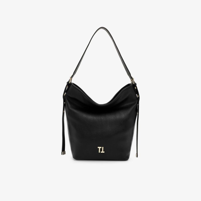 Schwarze Bucket Bag mit goldfarbenem TL-Logo, großem Fassungsvermögen und komfortablem Tragegriff in Frontansicht